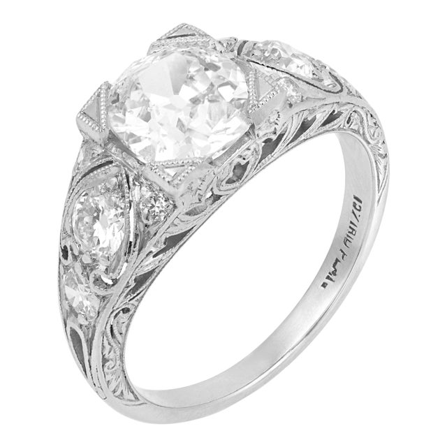 1930s Art Deco Gia 1.52 Carat Old Mine Cut Diamond Platinum Filagree Engagement Ring, , Size 5.5 For Sale