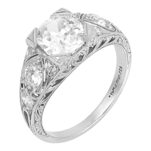 1930s Art Deco Gia 1.52 Carat Old Mine Cut Diamond Platinum Filagree Engagement Ring, , Size 5.5