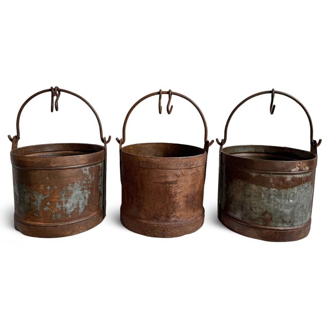 Large antique iron bucket with handle. Heavy solid iron from India. Original rusted aged finish and each unique in natural...