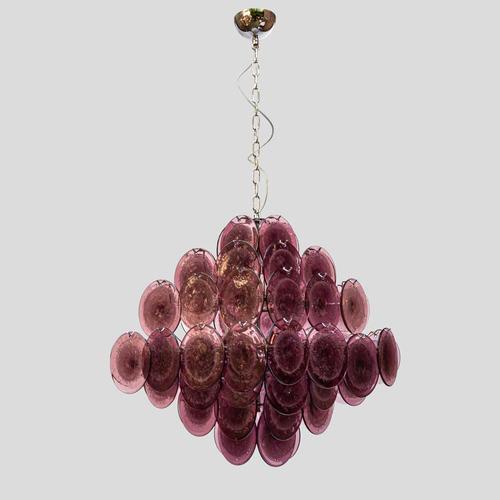 Purple disc pulegoso glass square shaped ceiling light, 64 hand blown glass components on chrome metal structure. Italian...