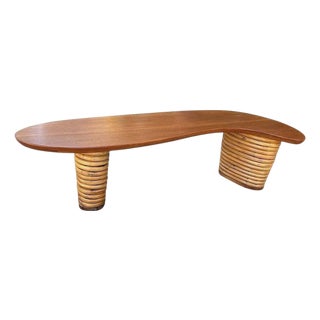 1950s Restored Stacked Rattan Biomorphic Surfboard Coffee Table w/ Koa Wood Top For Sale