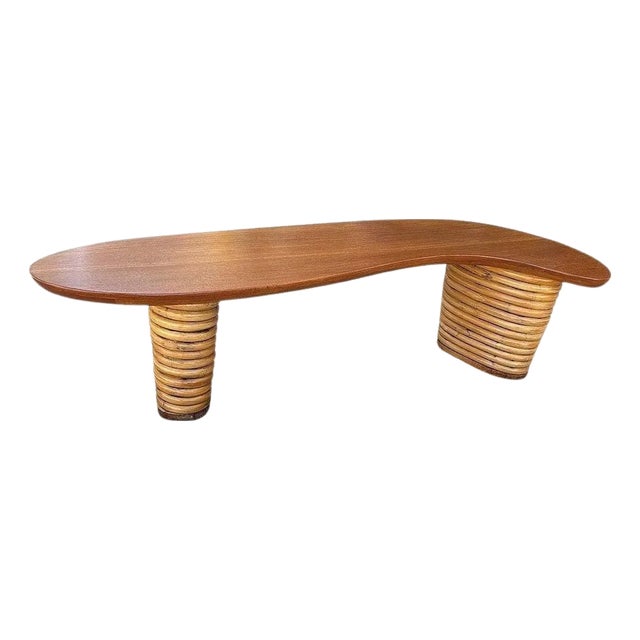 1950s Restored Stacked Rattan Biomorphic Surfboard Coffee Table w/ Koa Wood Top For Sale
