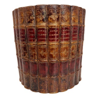 1980s English Faux Trompe l'Ocil Leather Book Waste Basket, Made in England and Hand Painted For Sale