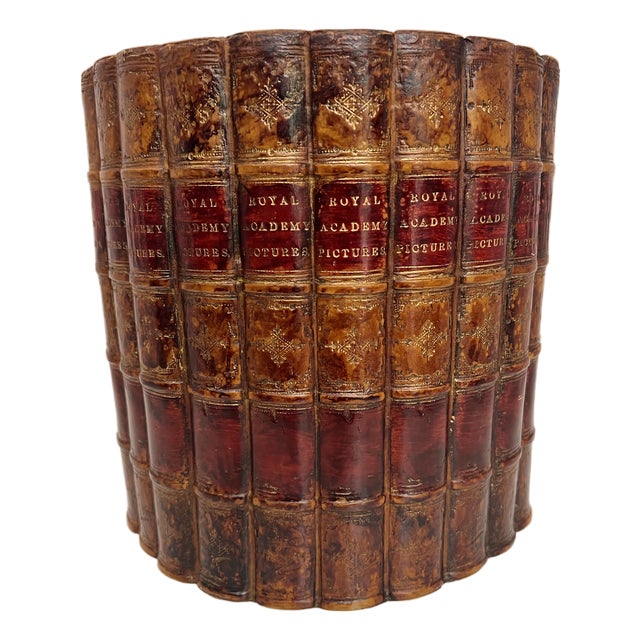 1980s English Faux Trompe l'Ocil Leather Book Waste Basket, Made in England and Hand Painted For Sale