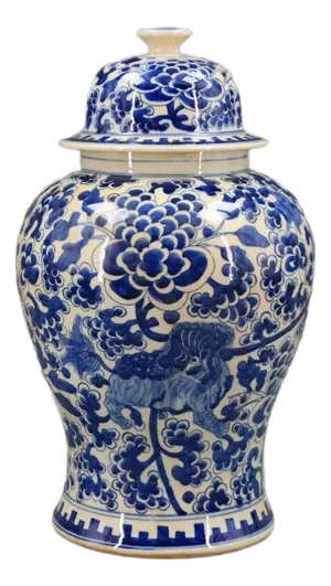 Antique Chinese Ceramic Pot Qing Dynasty Guangxu Marked Blue and White Porcelain Ginger Jar Hand Painted Flowers and Foo Dog Pattern