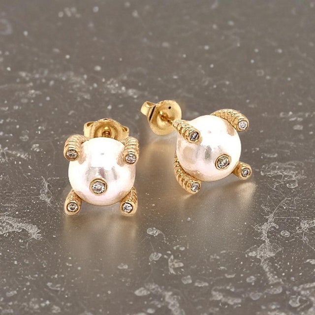 Fine Quality 9.25 mm Japanese Akoya Pearl and Diamond Earrings set in 14k Gold Certified $2,950 011913 This is a Unique...
