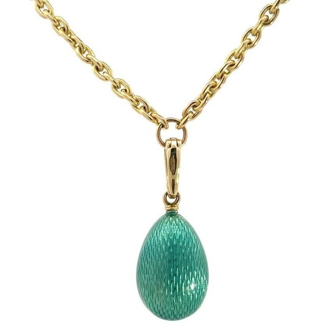 Faberge Diamond Egg Pendant Necklace 18k Yellow Gold Guilloche Enamel For Sale - Image 4 of 8