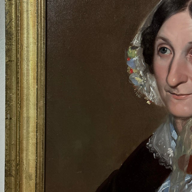 Antique 19th Century Victorian Portrait of Woman in Floral Lace Bonnet, Framed (Oil on Canvas) For Sale - Image 4 of 11