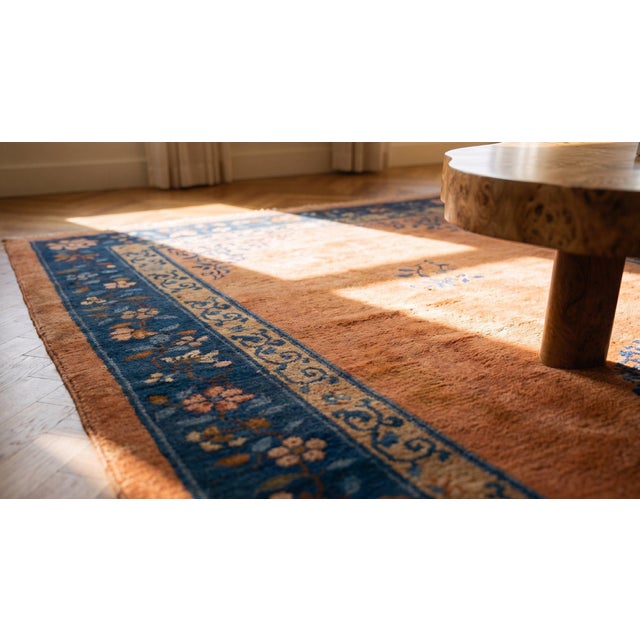 Impressive Pink Rose and Navy Blue Color With Atractive Floral Design Antique Chinese Peking Rug For Sale - Image 13 of 15