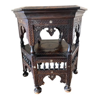 Late 19th Century Antique Moroccan Octogon Table Carving Mop Inlay For Sale
