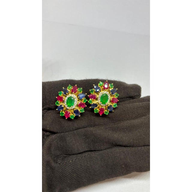 Natural Emerald, Ruby, Sapphire, & Diamond Earring in 14k Gold For Sale - Image 4 of 8