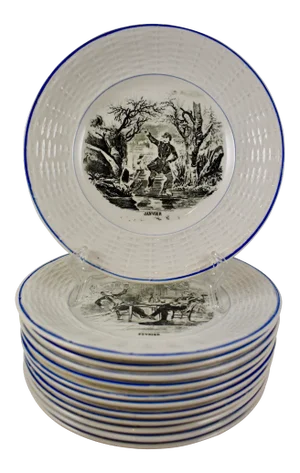 Digoin Sarreguemines French Transferware ‘Mois De L’année’ Plates- Set of 12