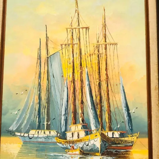 Nautical Mid 20th Century B. Wilder Sailing Ship Nautical Seascape Harbor Oil Painting For Sale - Image 3 of 5