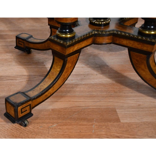 19th Antique Victorian Oval Center Table With Burl Wood Walnut Top & Ebonized Accents For Sale - Image 6 of 16