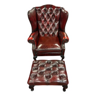 English Chesterfield Wingback Chair with Ottoman, Set of 2 For Sale