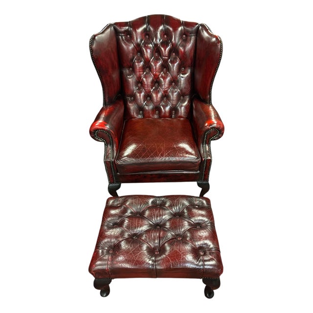 English Chesterfield Wingback Chair with Ottoman, Set of 2 For Sale