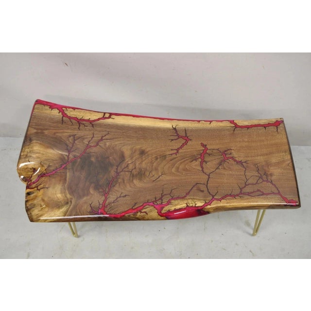 Live Edge Black Walnut Surfboard Coffee Table Red Resin Lacquer Hairpin Legs For Sale - Image 4 of 11