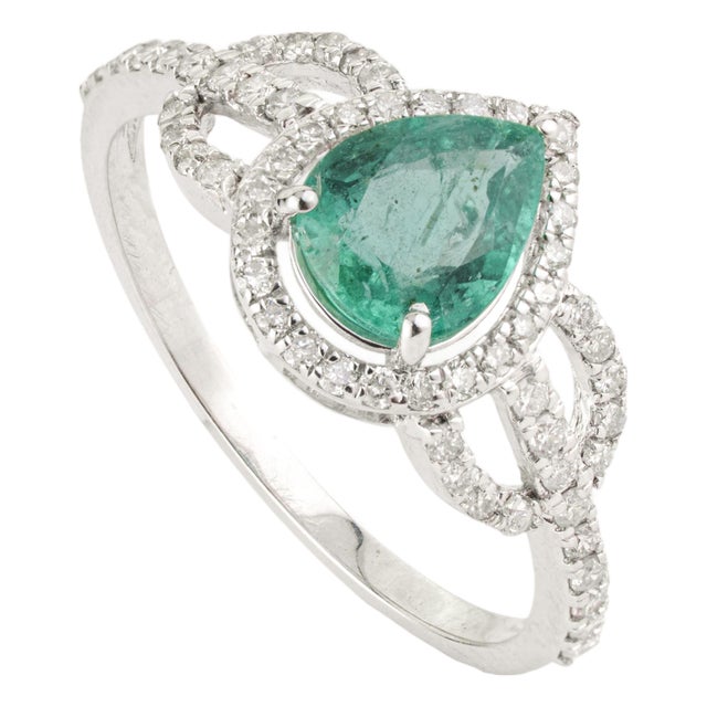 Art Deco Pear Emerald & Diamond Halo Engagement Ring in 14k White Gold Size 5 For Sale