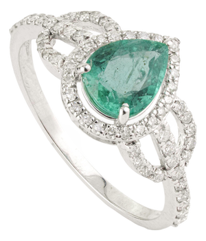 Art Deco Pear Emerald & Diamond Halo Engagement Ring in 14k White Gold Size 5