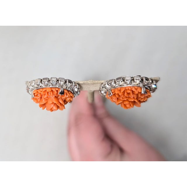 1950s Vintage 1950s Signed Kramer Carved Faux-Coral Clear Rhinestone Clip Earrings For Sale - Image 5 of 9