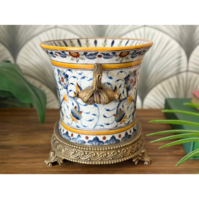 Vintage Porcelain Crackle Glaze Floral Jardinière Brass Ormolu-Style Footed Cachepot Planter Vase For Sale - Image 9 of 17