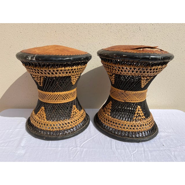 Pair of Vintage Boho 1970’s Wicker and Leather Stools For Sale - Image 12 of 12