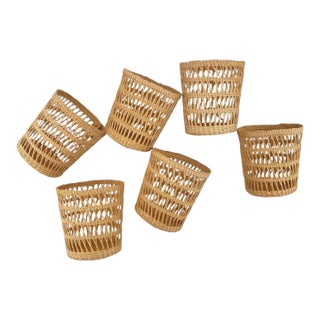 Vintage Woven Rattan Wicker Glass Holders Coastal Barware - Set of 6 For Sale