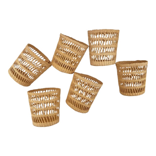 Vintage Woven Rattan Wicker Glass Holders Coastal Barware - Set of 6 For Sale