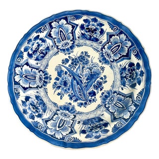 Vintage Hand Painted Delft Blue and White Charger Bowl For Sale
