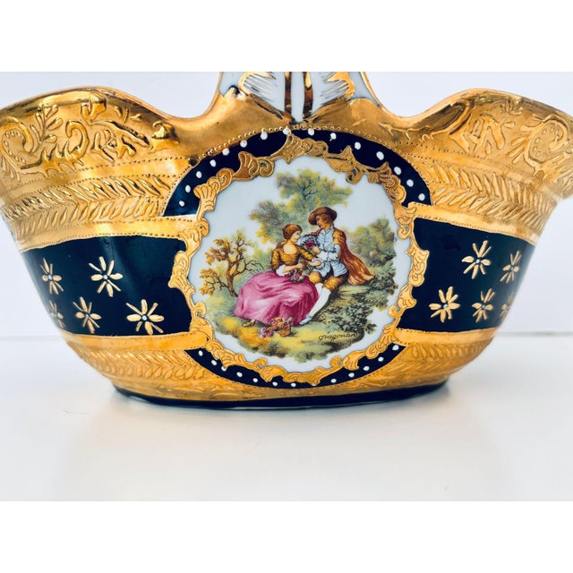 Cobalt Blue Porcelain Basket Vase With 22k Gold Encrustation and Romantic Scene For Sale In Palm Springs - Image 6 of 16