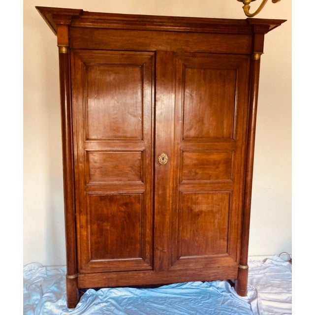 Traditional Antique French Empire Armoire Walnut, Columns to Either Side Front With Bronze Gilt Mounts Also Gilt Bronze Key Hole For Sale - Image 3 of 12