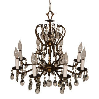 Vintage French Bronze Stately 8 Arm 8 Lite Dark Patina Lead Crystal Chandelier For Sale