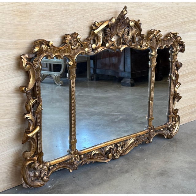 Baroque Spanish 20th Baroque Style Carved Walnut Ormolu Horizontal Gilded Mirror For Sale - Image 3 of 18
