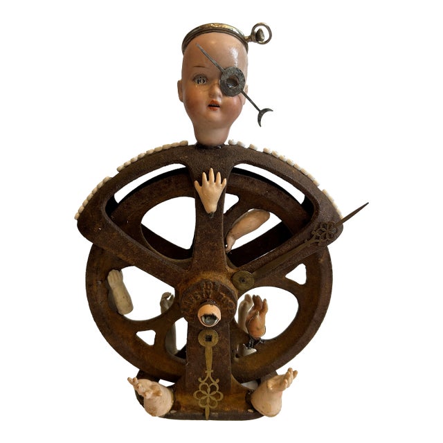 Mixed Media Tabletop Sculpture With Iron Pulley and Doll Parts For Sale