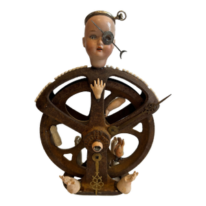 Mixed Media Tabletop Sculpture With Iron Pulley and Doll Parts