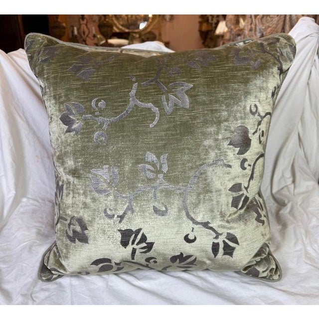 These luxurious pillows feature Nomi stenciled velvet in a serene celadon hue, beautifully accented with silvery gray...