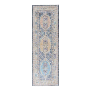Turkish Oushak Runner With Rich Blue, Peach, and Ivory Tones 2'6 X 9'2 For Sale