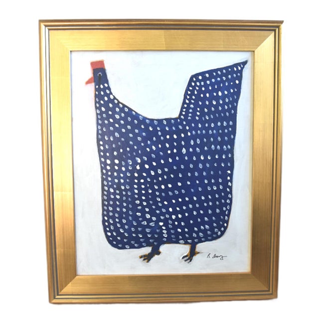 2020s Folk Art Navy Blue Chicken Hen Rooster Painting Ruth Arenz Including the Antiqued Gold Wood Frame For Sale - Image 5 of 5