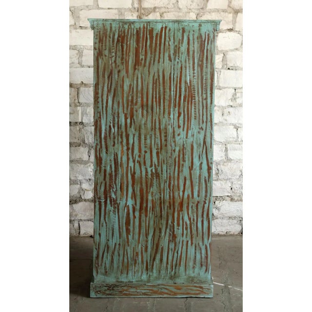 1990s Vintage Armoire Tall Artistic Carved Farmhouse Blue Patina Cabinet For Sale - Image 5 of 8