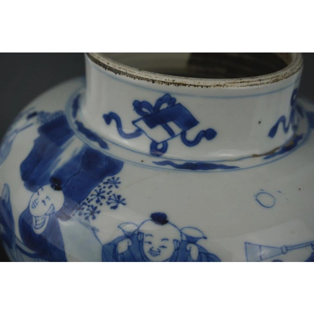 Wood Antique Chinese Blue & White "Hundred Boys" Porcelain Vase With Wooden Cover (Kangxi Period) For Sale - Image 7 of 13