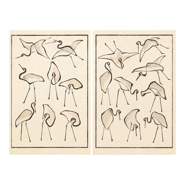 Crane Studies I & II by Katsushika Hokusai, Japanese Art Print Diptych, 24" X 36" For Sale