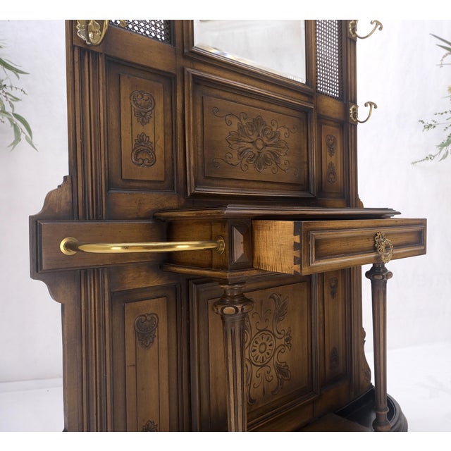 Carved Walnut Brass Cane Mirror Brass Hooks Coat Rack Umbrella Stand Console For Sale - Image 10 of 11