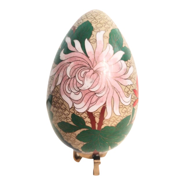 Vintage Floral Pink Green Brass Cloisonne Egg on Brass Stand For Sale