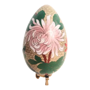 Vintage Floral Pink Green Brass Cloisonne Egg on Brass Stand