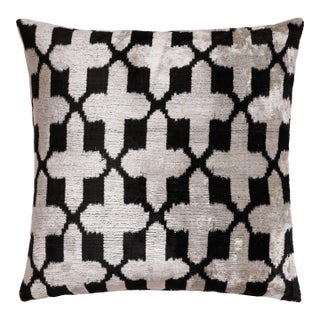 Black & Ivory Trellis Ikat Velvet Throw Pillow 16x16 | Modern Geometric Luxury For Sale