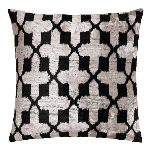 Black & Ivory Trellis Ikat Velvet Throw Pillow 16x16 | Modern Geometric Luxury For Sale