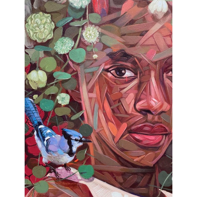 Nest IV by Ifeoluwa Alade | Acrylics on canvas Portrait of a woman with floral and bird elements. For Sale - Image 4 of 5