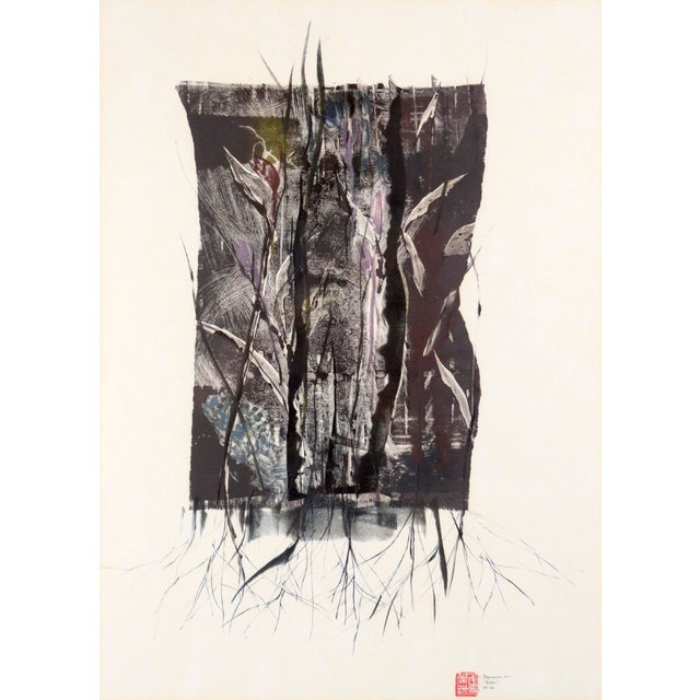 Bold abstract monoprint by Roxanne Lu (20th Century). This piece is composed of botanical shapes laid across large patches...