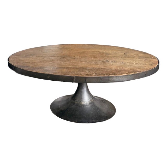 Solid Reclaimed Solid Wood and Cast Iron Oval Coffee Table From Retired Restoration Hardware Collection For Sale