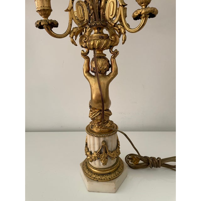 Gold 19th Century French Bronze Gold Overlay Cherub Lamp Four Candelabra, Two Socket Electrical Bulb Lights With Marble Base For Sale - Image 8 of 12